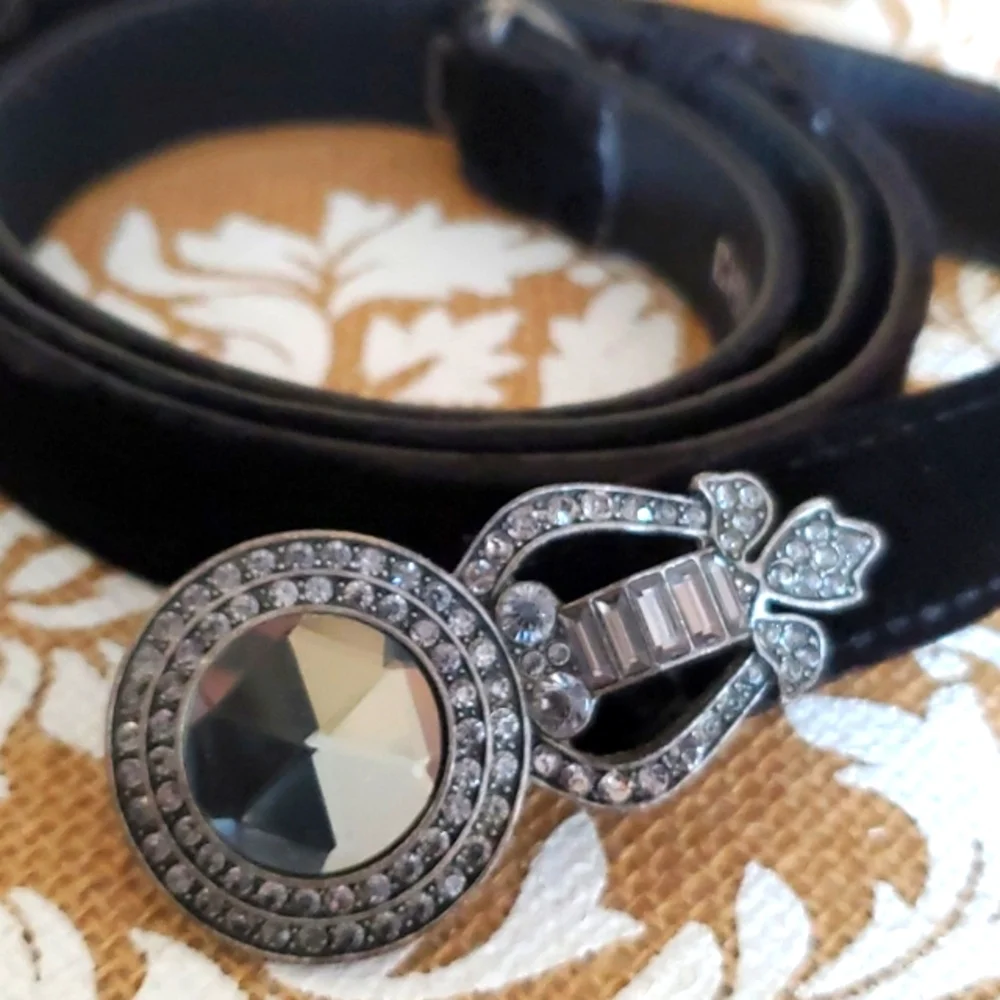 Chico's Adjustable Black Leather Belt with Rhinestone Buckle